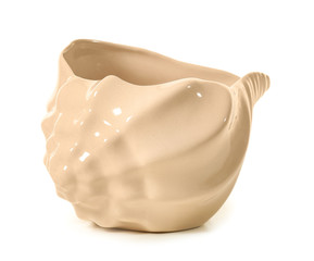 Vase in shape of sea shell on white background