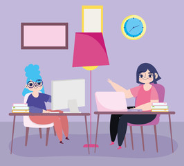 working remotely, young women with laptops in desk clock and lamp