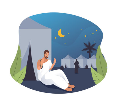 Hajj pilgrims praying and resting in Mina. Hajj pilgrimage flat cartoon character illustration