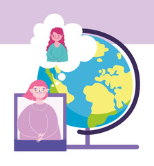 online education, teacher and student girl smartphone school globe