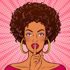 African american woman with a finger on lips. Silence gesture. Pop art vector comic illustartion.