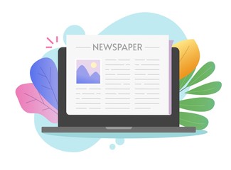 Newspaper online digital vector in laptop computer or pc electronic news paper text article as website internet daily press magazine page flat cartoon illustration, journal media concept colorful