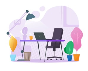 Home office workplace interior with table desk empty or desktop work place room with laptop computer and nobody empty front view vector flat cartoon illustration modern on color violet background