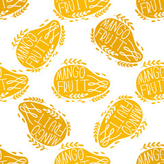 Seamless pattern mango fruit and vegetable food silhouettes with lettering.Healthy eating,