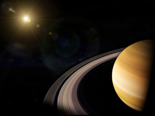 Saturn with bright rings in space