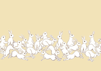 Seamless pattern, background with cute rabbits, hares. Colored vector illustration.