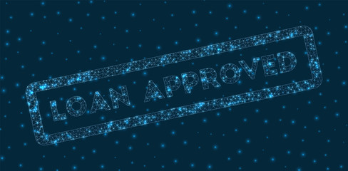 Loan approved word in digital style. Glowing geometric loan approved badge. Captivating vector illustration.