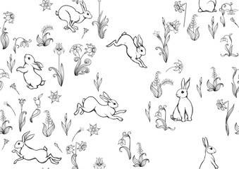 Seamless pattern, ackground with spring flowers and rabbits, hares. Colored vector illustration. Isolated on white background.