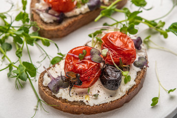 Homemade sandwiches with baked tomatoes, olives, cheese and herbs on bread on a white ceramic plate