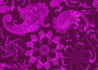 Fototapeta na wymiar Seamless pattern, background with traditional paisley. Floral vector illustration in damask style. Vector illustration in black and ultravaiolet color..