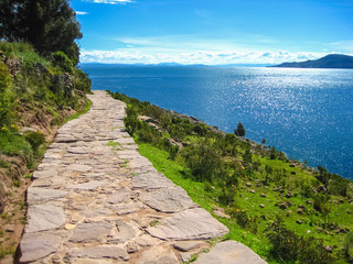 The trail at Taquile Island landscape on Titicaca Lake, Peru