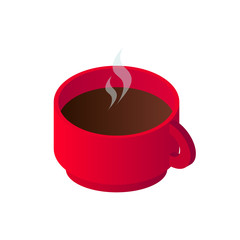 Isometric hot black coffee cup icon. 3d model americano in red cup isolated on white background. Vector illustration