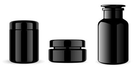 Black Glass Cream Jar. Medical Bottle. 3d Jar Design Illustration. Cosmetic Container Mockup. Plastic Pharmacy Tube for Skin Care Product. Clean and Empty Pharm or Medicine Bottles Template