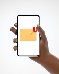 Cartoon black african american hand holding smartphone with new mail or message notification on the screen over white background. Social network and internet communication concept.