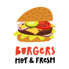 Classic burger with lettering. Vector Fast food illustration.