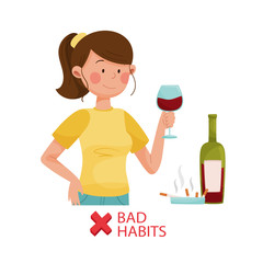 Female Holding Wineglass Consuming Alcoholic Drink Vector Illustration