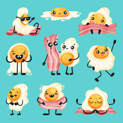 Cartoon Bacon Strip and Scrambled Egg Doing Different Activities Vector Set