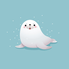 Vector illustration cute cartoon seal with snowflakes on blue background.