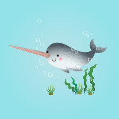 Vector illustration cute cartoon narwhal swimming underwater in the blue ocean. © kankhem