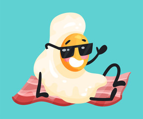 Scrambled Egg in Sunglasses Rested on Bacon Strip Vector Illustration