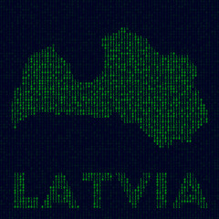Digital Latvia logo. Country symbol in hacker style. Binary code map of Latvia with country name. Modern vector illustration.