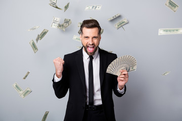 Ecstatic crazy man employee get debit salary millionaire lottery winner hold 100 hundred dollar fan...