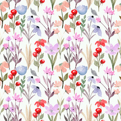 wild floral red purple watercolor seamless pattern