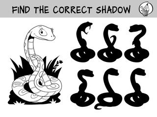 Cute funny snake. Find the correct shadow. Educational matching game for children. Black and white cartoon vector illustration
