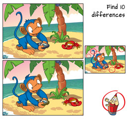 Monkey with a compass on a small island. Find 10 differences. Educational game for children. Cartoon vector illustration