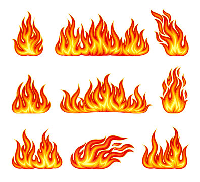 Tongues of Bright Flame Flickering Isolated on White Background Vector Set