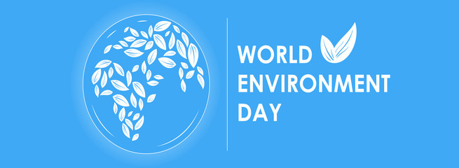 Poster, postcard or banner for world environment day. Eco-friendly concept. Vector illustration for June 5 of the planet Earth with continents in the form of leaves on a light blue background