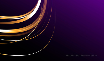 Abstract background with golden shiny stripes on dark purple gradient background, dynamic composition element, wallpaper