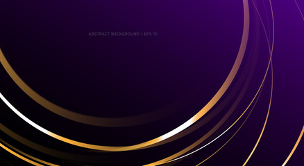 Abstract background with golden gradient stripes on dark violet backdrop, close up round shape, dynamic motion stylized graphic wallpaper