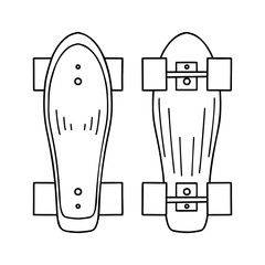 Set of outline illustration of a skateboard top and bottom view. Active lifestyle. Sports hobby. Vector contour object for logos, icons, stickers and your creativity.