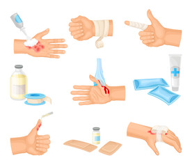 Hands with Injured Skin and Procedures of Bandaging and Wound Cleaning Vector Set