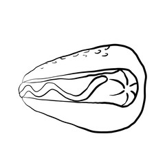 Retro contour illustration of a hot dog with mustard on a white background. Fast wood. Junk food. Vector outline isometry illustration for menus, logos, recipes and your design.