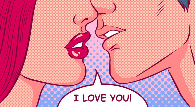 Kissing couple on a pink background. Valentine's day concept. Pop art vector comic illustration.