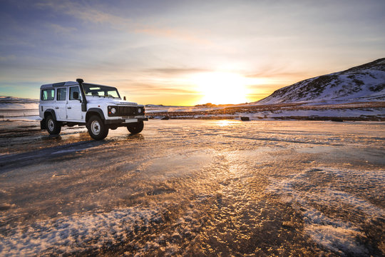Landrover defender, british 4x4 of road car developed in the 1980´s parked on an icelandic geothermal area in winter