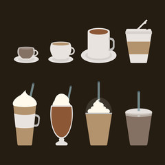 Different types of coffee cup. Coffee menu. Set of vector illustrations.
