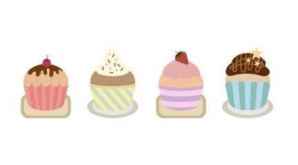 Set of isolated cute cupcakes on white background