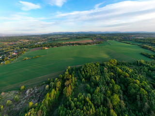 aerial view of forest and green field with several houses