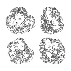 set of Lovely line drawing of mother hugging her son and daughter. happy mothers day Vector illustration