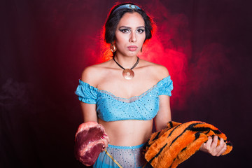 Woman calls stop wearing fur. Vegetarian campaign against the fur and meat industry. Eco friendly...