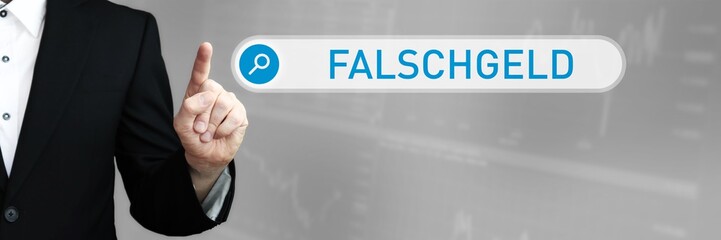 Falschgeld. Mann zeigt mit Finger auf Suchfeld im Internet. Blaues Wort steht in der Suche. Konzept...