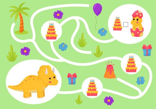 Educational maze game for preschool kids. Help the triceratops collect all cakes. Learn count and write number. Cute cartoon dinosaurs. Happy birthday.