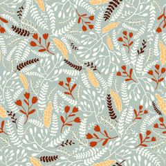 Floral pattern. Hand-drawn design with flowers and leaves. Repeat background.