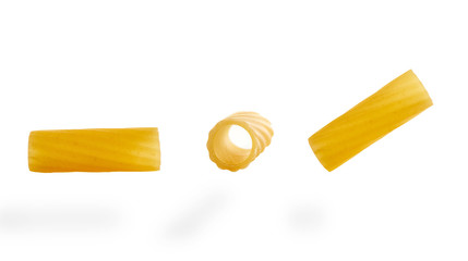 Italian raw dry pasta rigatoni isolated on white background