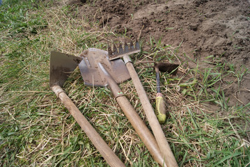 Rake, shovel and hoes lie on the green grass at the edge of the plowed land