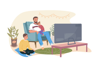 Smiling dad father spending time with kids at home. Happy loving family watching TV, cartoons. Leisure, care, trust and support between parents and children. Cute cartoon flat vector illustration.