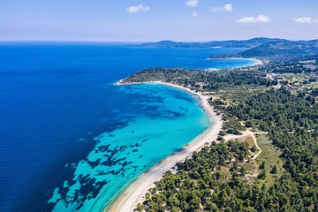 Obraz premium Aerial drone view of Port Glarokavos and lagoon beach in Kassandra penisula Chalkidiki Greece